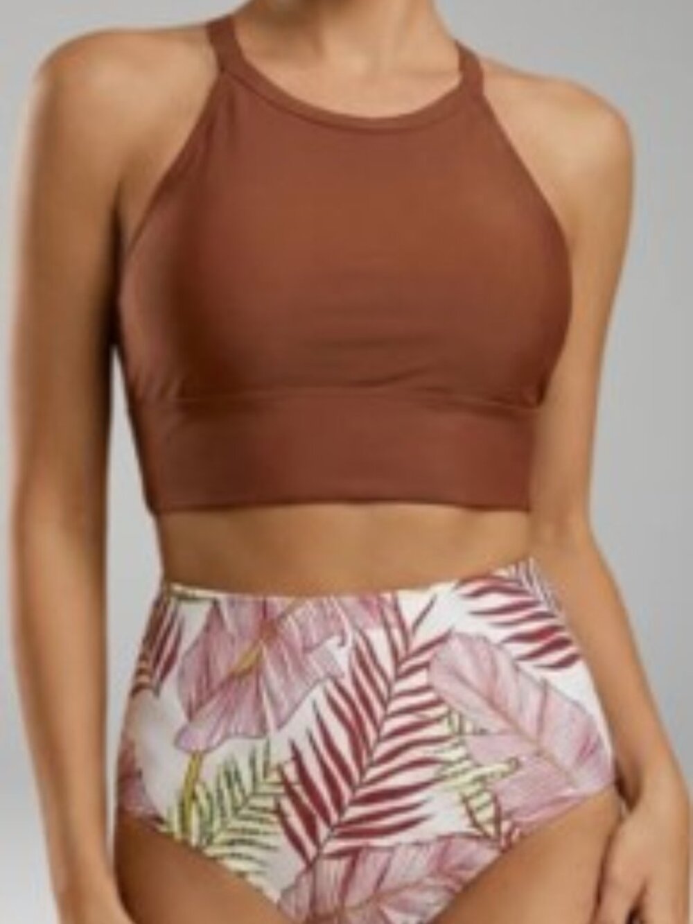 Rust High-Neck Bikini Set with Tropical Leaf Print Bottoms - Women's Size Large